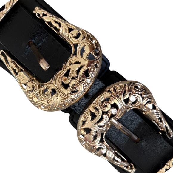 Western Double Buckle Black Stretch Waist Belt Gold Glam Rock Engraved Cowgirl - Picture 2 of 5